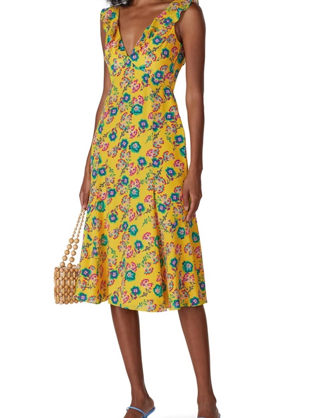 Salon Yellow Floral V-Neck Midi Dress